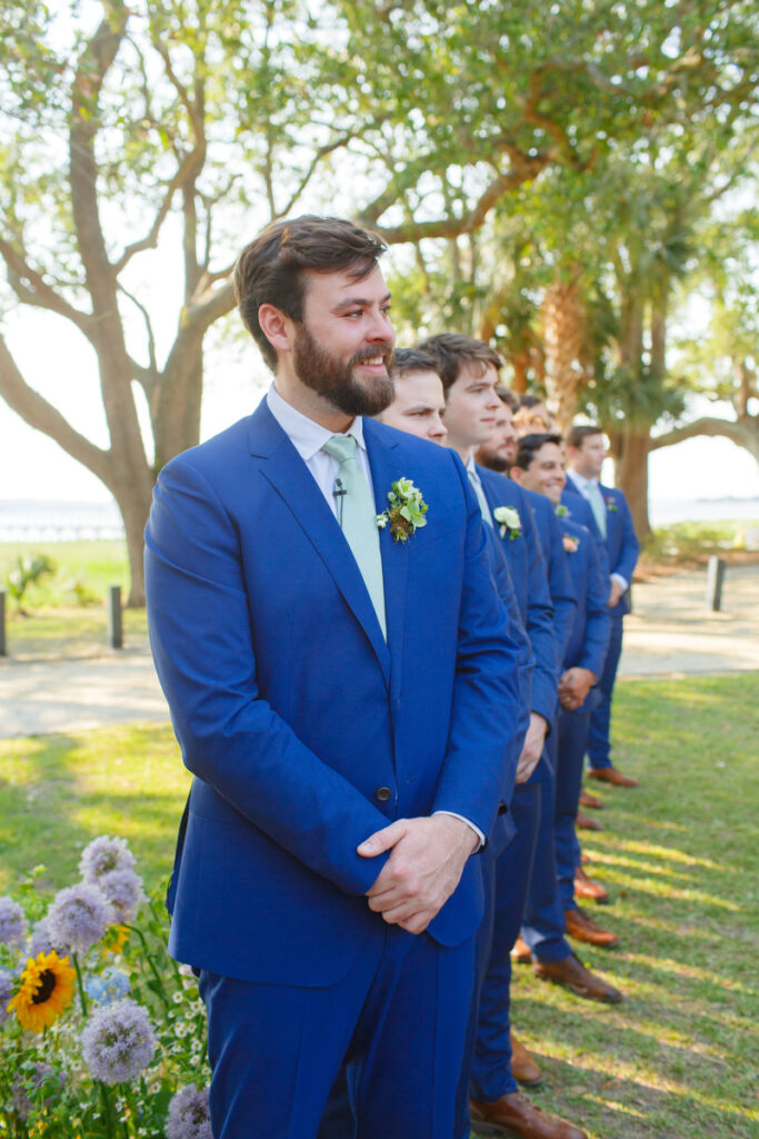 Lowndes Grove wedding groom seeing bride walk down the aisle