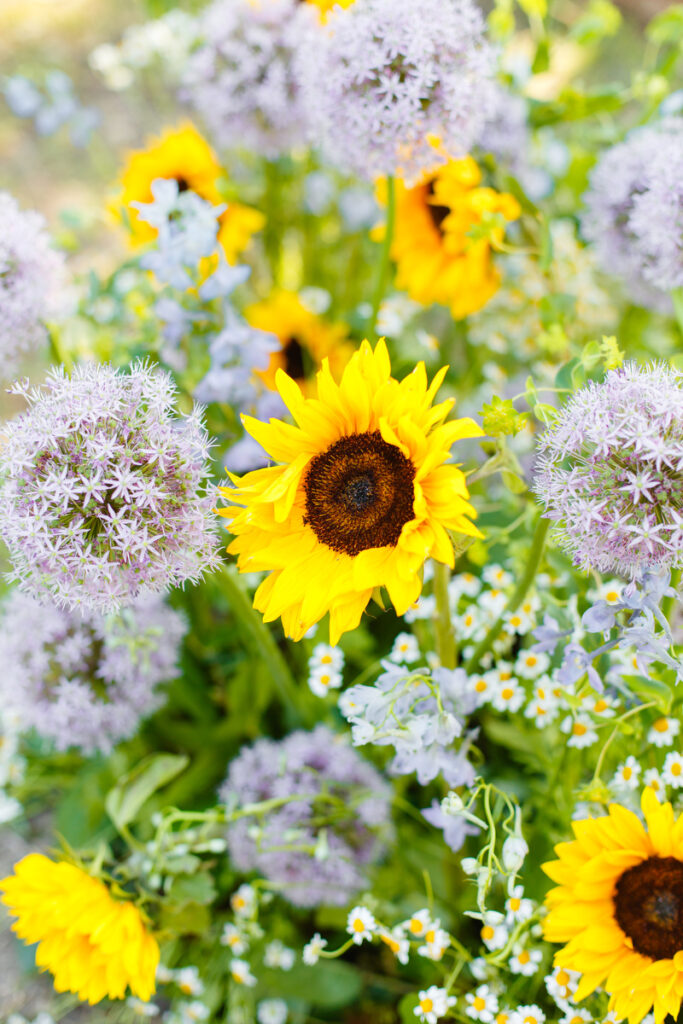 Lowndes Grove wedding with sunflowers and purple flowers