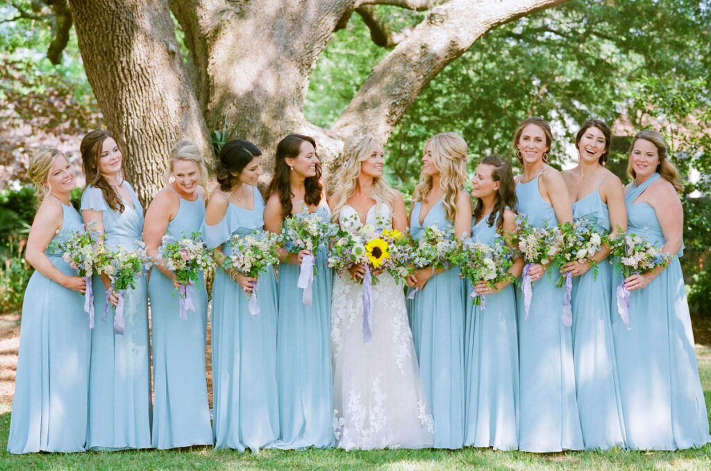 Lowndes Grove wedding bride and bridesmaids in powder blue dresses