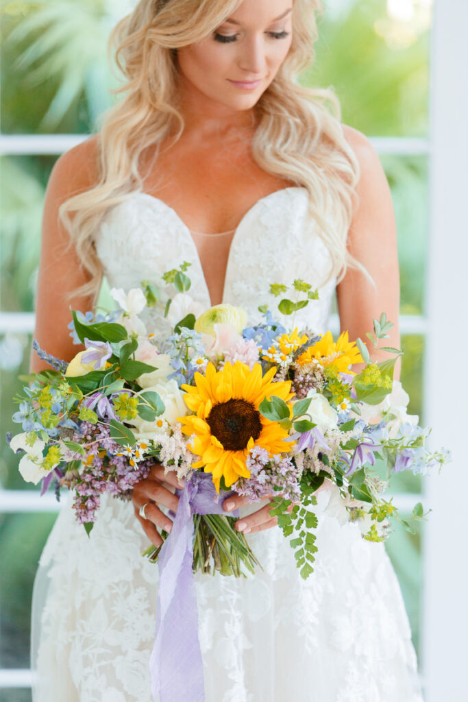 Lowndes Grove sunflower bouquet with purple and blue flowers