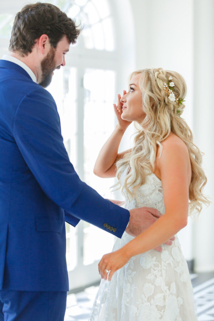 Lowndes Grove wedding bride's reaction during first look