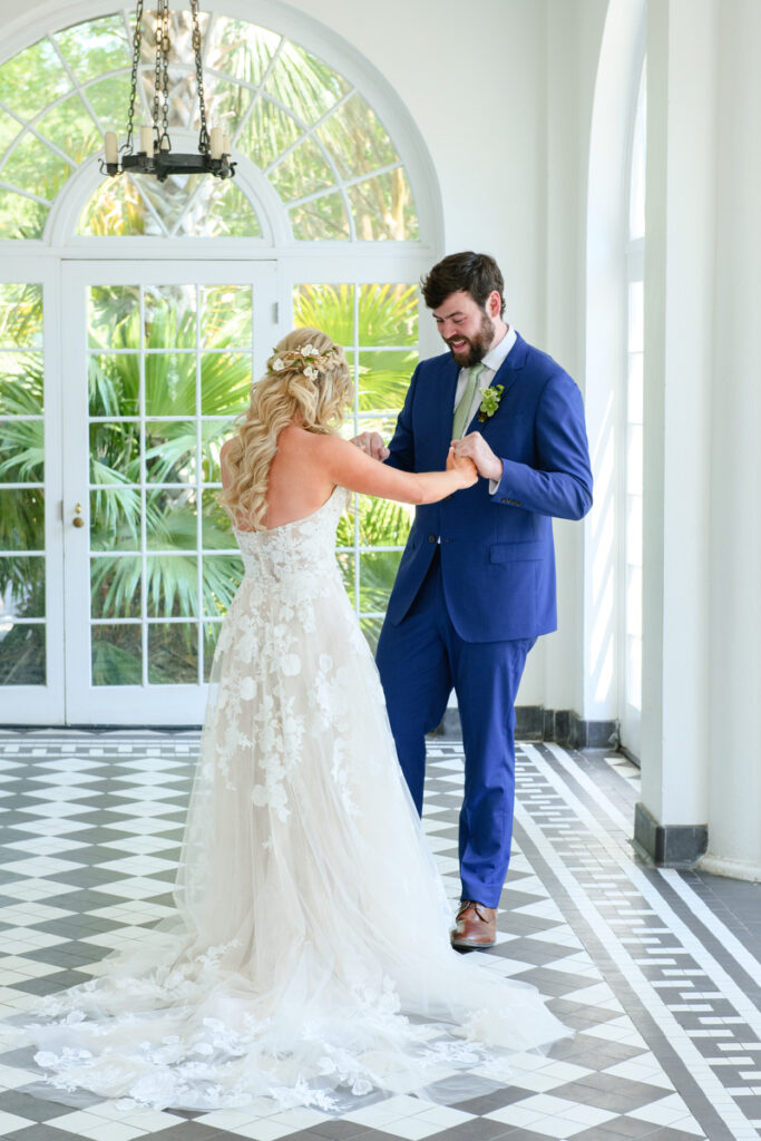 Lowndes Grove wedding groom's reaction to seeing bride during first look