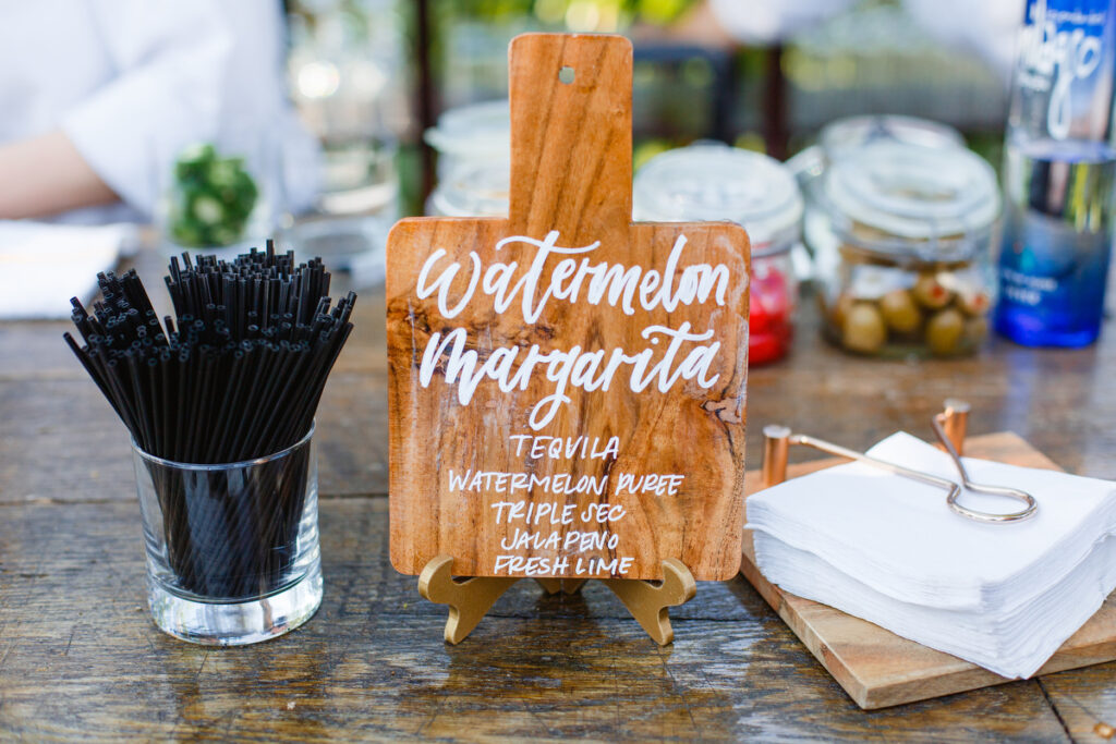 Lowndes Grove wedding custom bar signage for watermelon margarita