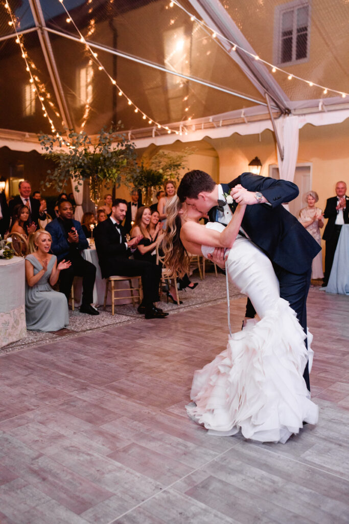 William Aiken House Wedding bride and groom kiss during first dance