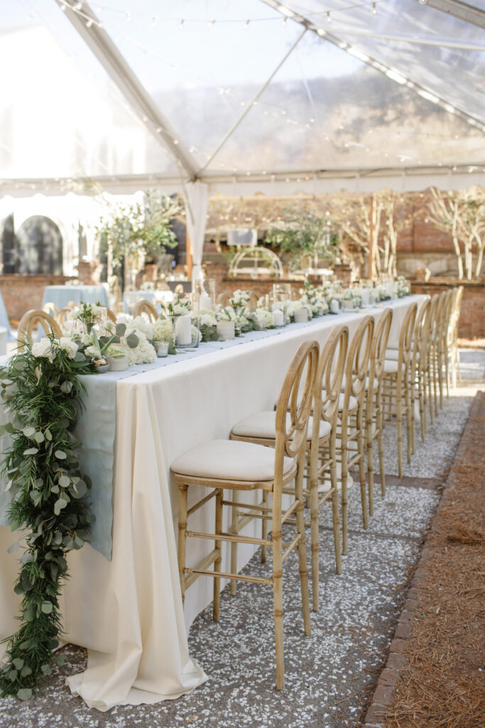 William Aiken House Wedding high top table and chairs with white flower centerpieces and candles