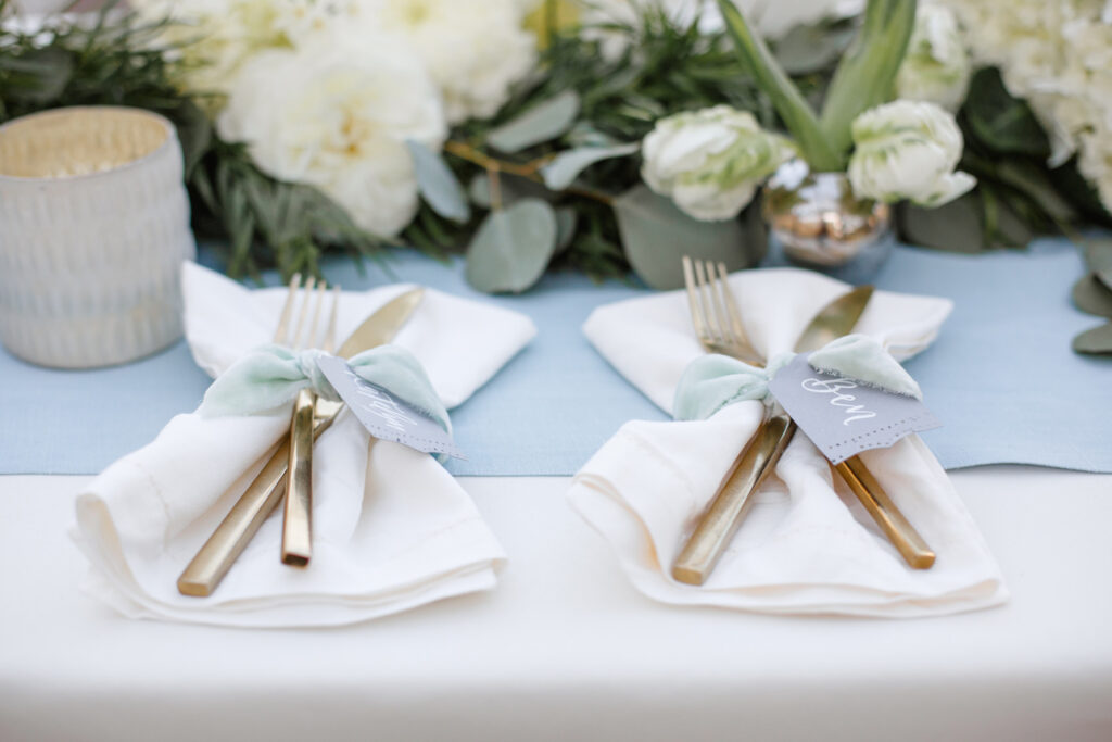 William Aiken House Wedding customer name place cards with powder blue ribbon