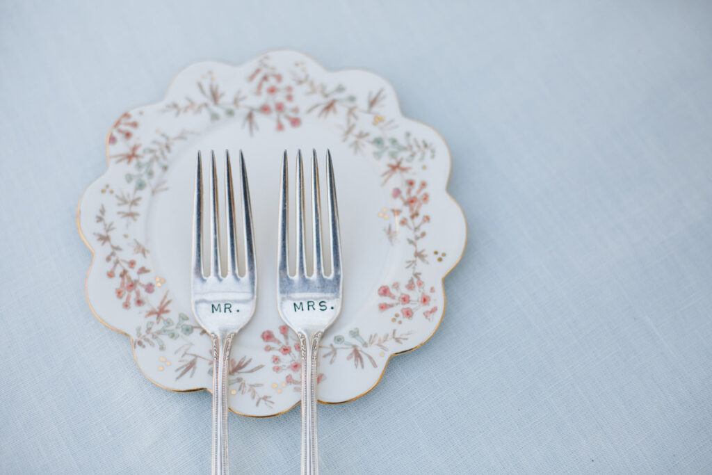 William Aiken House Wedding customer forks with Mr. and Mrs.