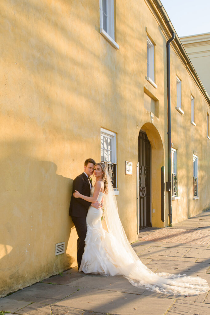 William Aiken House Wedding gold hour bride and groom portrait