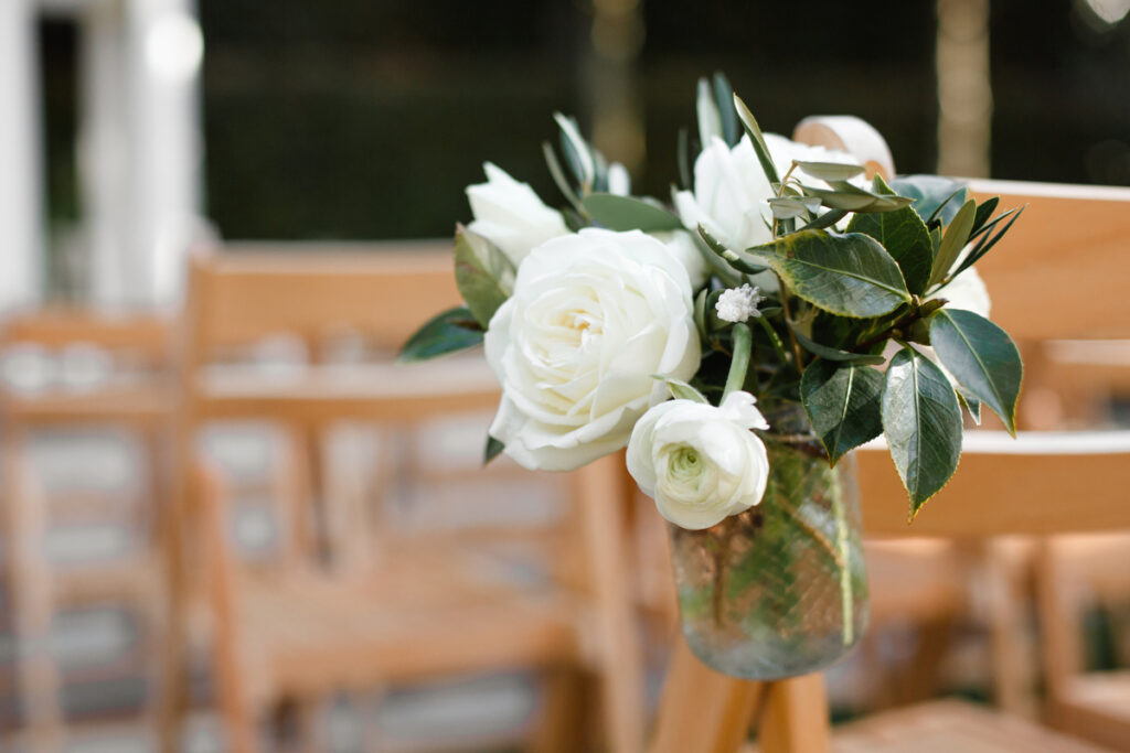 William Aiken House Wedding white rose ceremony chair decor