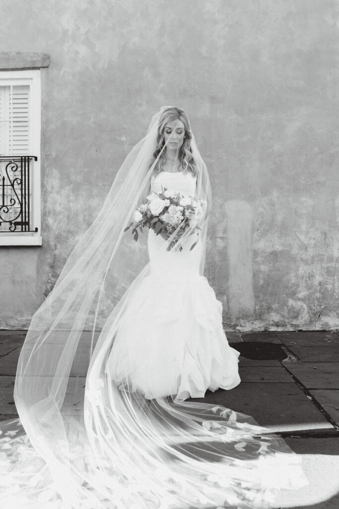 William Aiken House Wedding bridal veil portrait in black and white