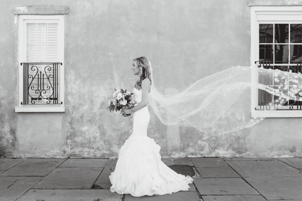 William Aiken House Wedding bridal portrait in black and white