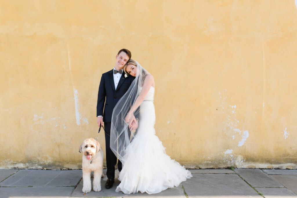 William Aiken House Wedding bride and groom with dog for portrait