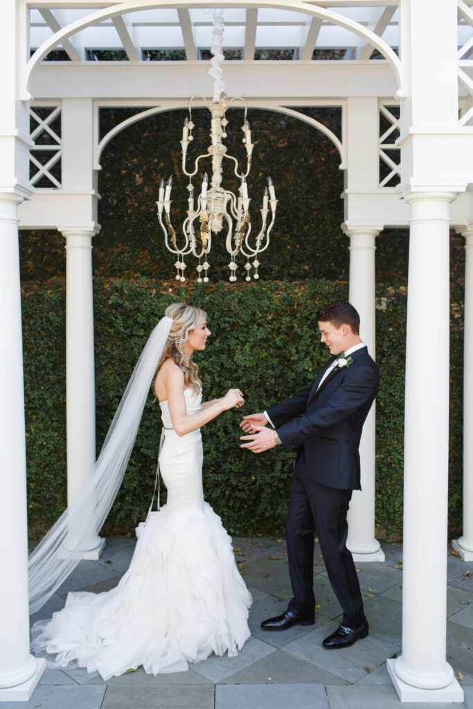 William Aiken House Wedding groom happy during first look