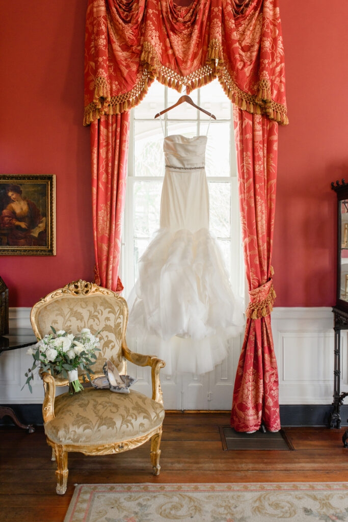 William Aiken House Wedding wedding dress, bridal bouquet, and bridal shoes