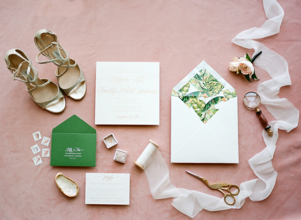 Westin Hilton Head wedding green, gold, and white custom wedding invitation suite