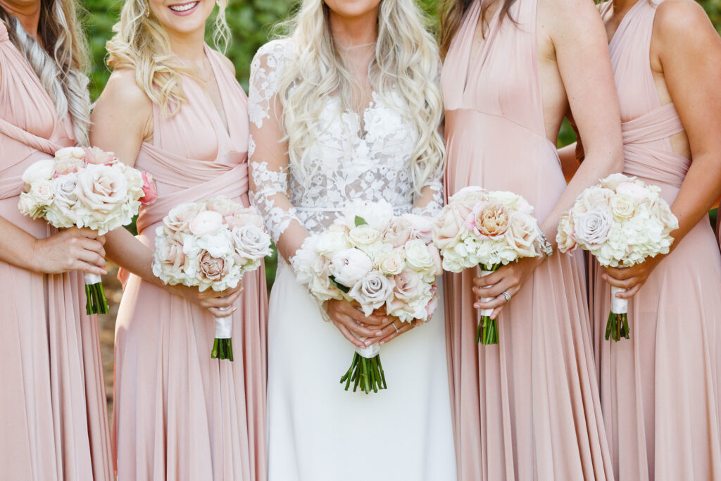 Westin Hilton Head wedding bridal party bouquets with white, pink, and mauve roses