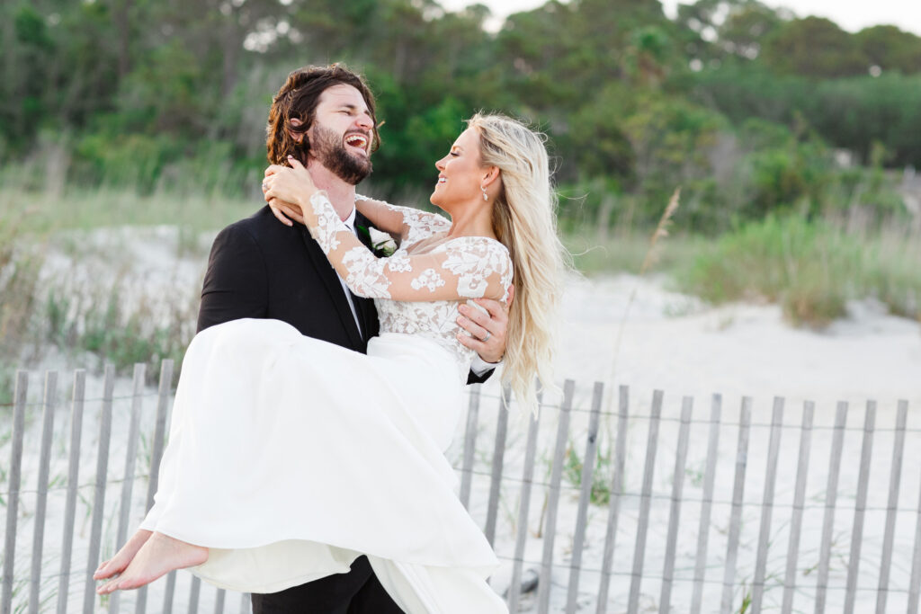 Westin Hilton Head wedding bride and groom laughing on beach