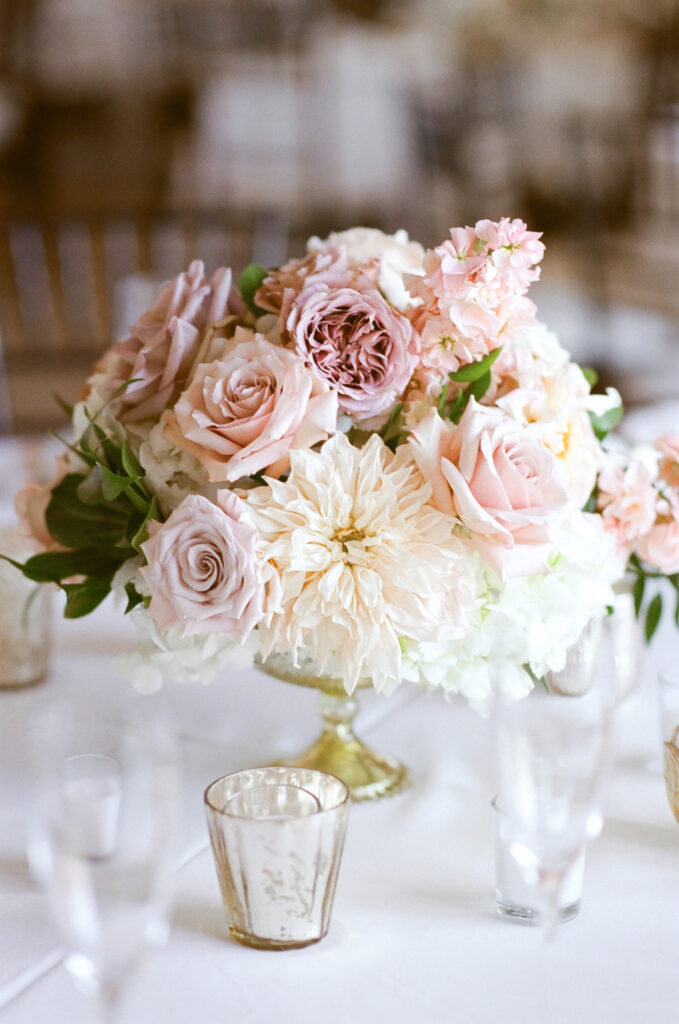 Westin Hilton Head wedding floral centerpiece with cafe au lait dahlias, white and mauve roses