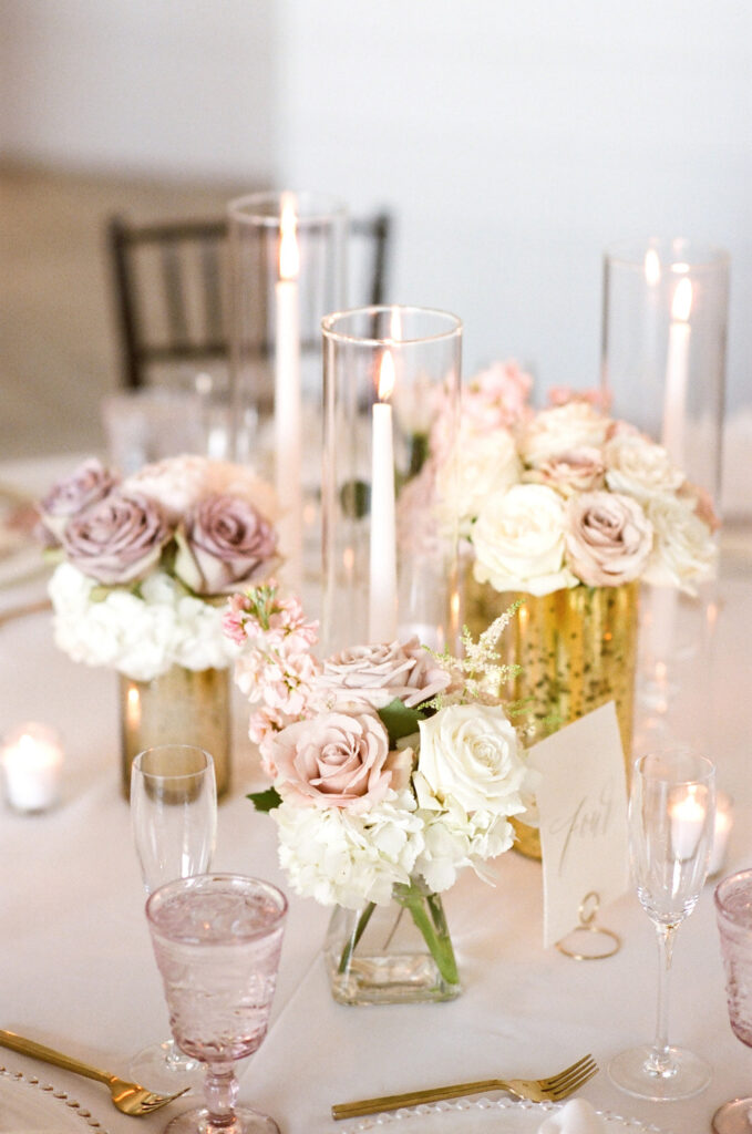 Westin Hilton Head wedding centerpieces with mauve, pink and white roses with gold accents