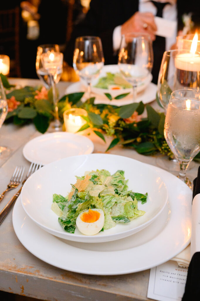 Salad course during the reception in the Trolley Room at a Cannon Green Wedding