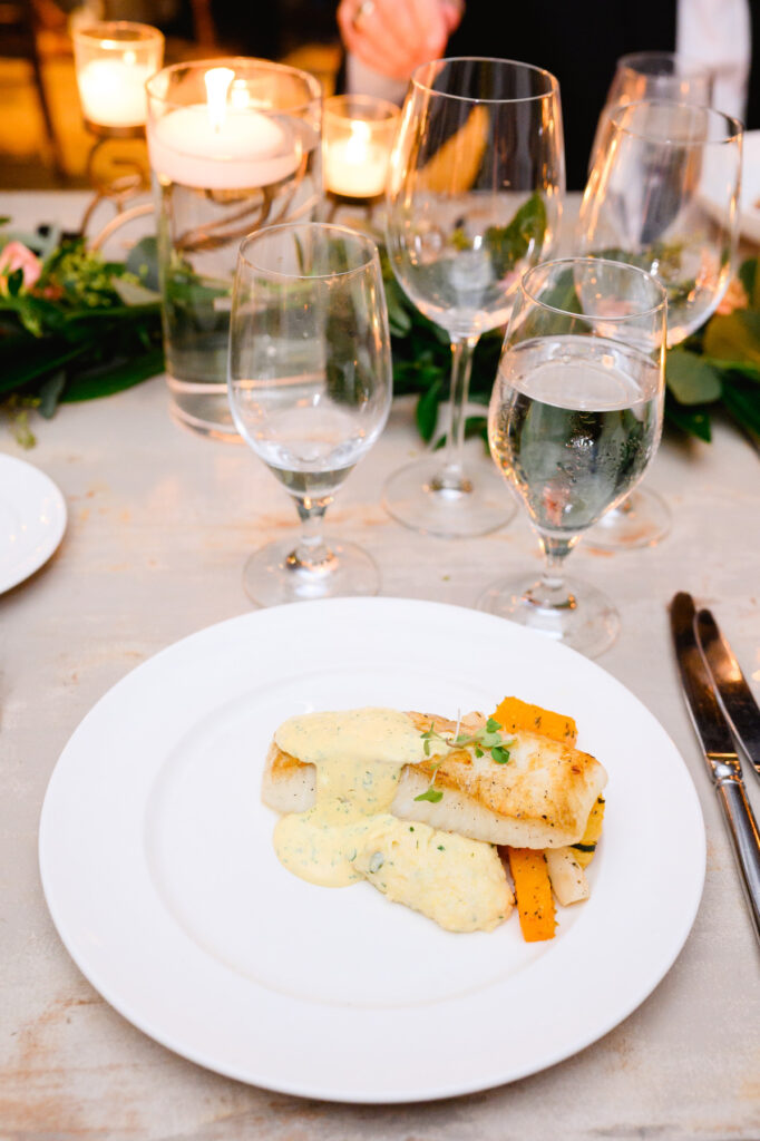 Fish course during the reception in the Trolley Room at a Cannon Green Wedding