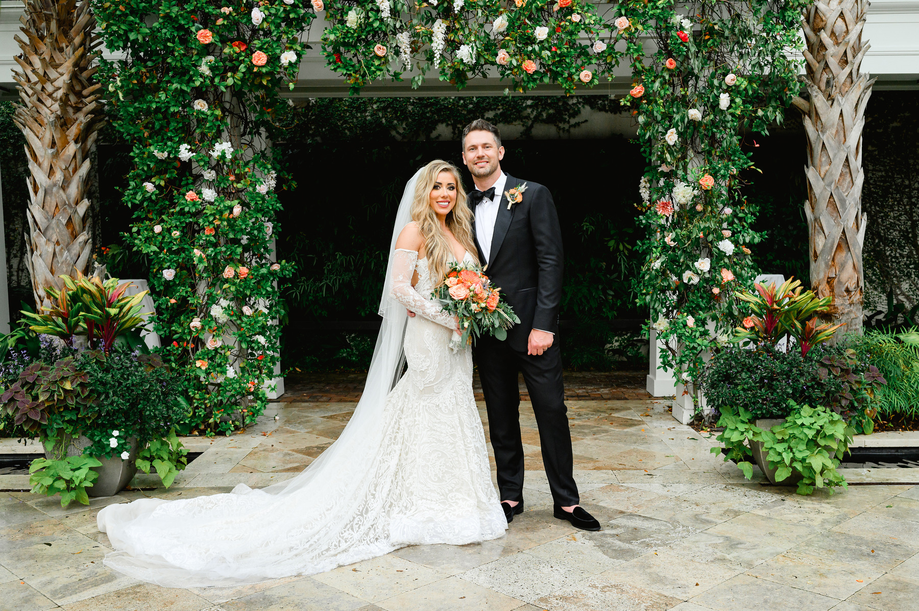 Bride and groom portrait in the courtyard at a Cannon Green Wedding