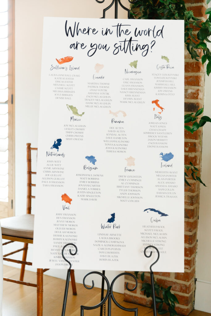 Seating chart at a Cannon Green Wedding