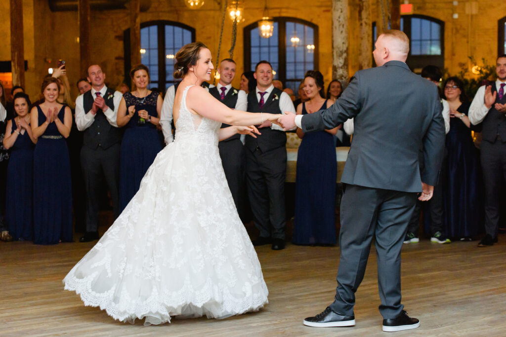 Cedar Room wedding reception with the bride and groom dancing their first dance