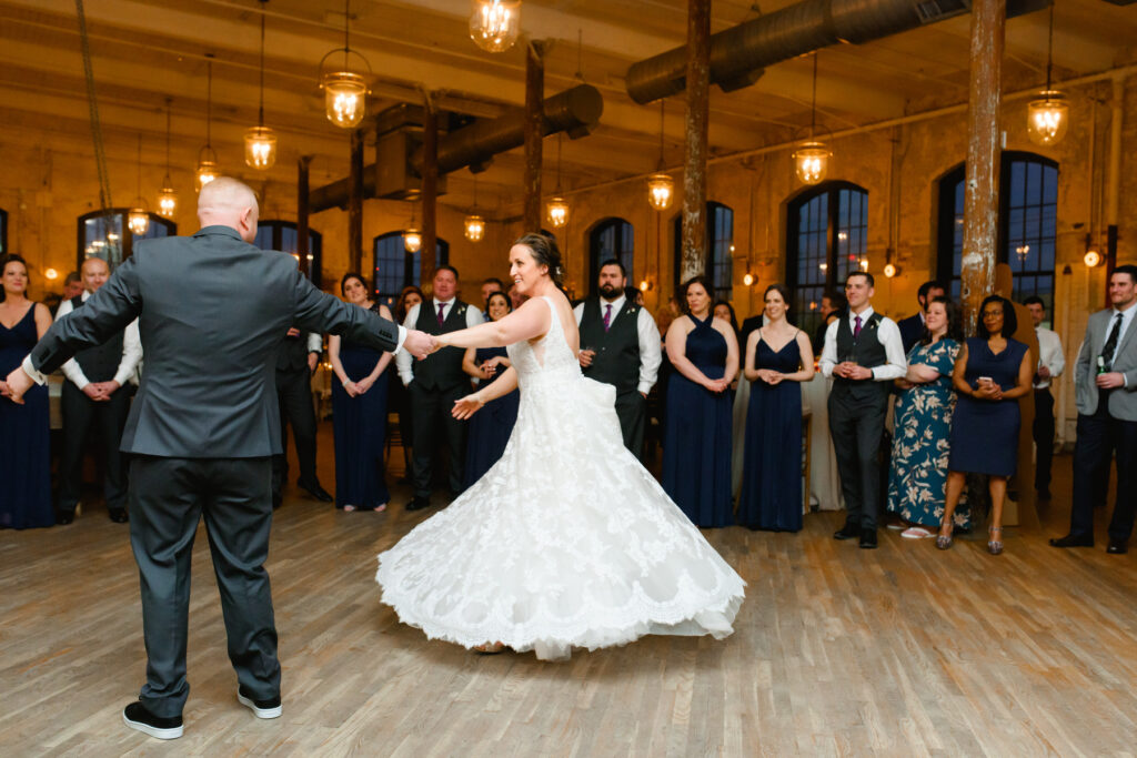 Cedar Room wedding reception with the bride and groom dancing their first dance