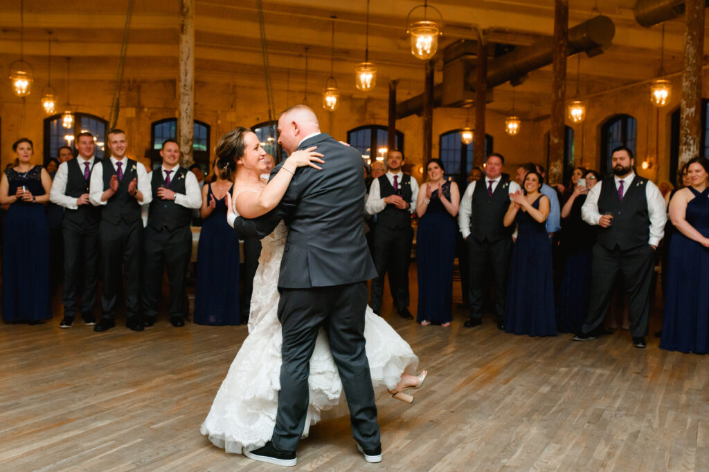 Cedar Room wedding reception with the bride and groom dancing their first dance