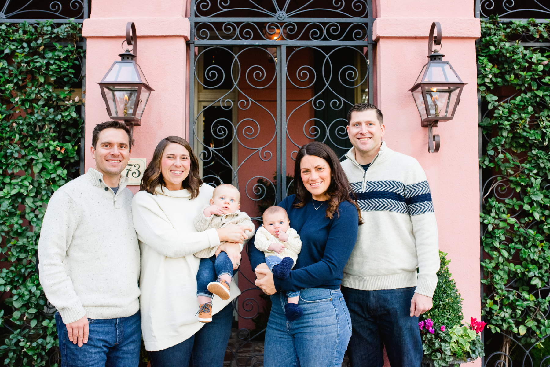 Thanksgiving Charleston family photos portrait with two sets of parents with babies